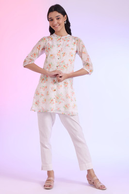 Aurelia Women Floral Print Straight Kurta(White)
