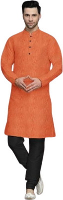 PRIDE SALES Men Embroidered Straight Kurta(Orange)