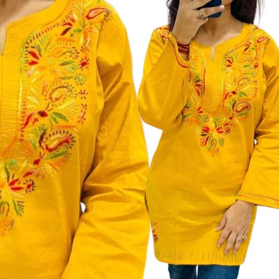 zhouse Women Chikan Embroidery A-line Kurta(Yellow)