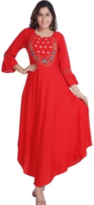 Skc Women Applique Flared Kurta(Red)