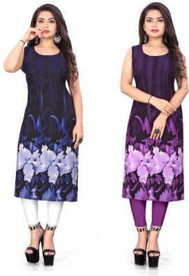 maruti fab Women Floral Print Straight Kurta(Dark Blue, Purple)