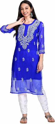 SMAfab Women Chikan Embroidery A-line Kurta(Blue, White)