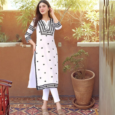 Gosriki Women Chikan Embroidery Straight Kurta(White)