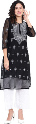 Ns Fashion Women Chikan Embroidery Straight Kurta(Black)
