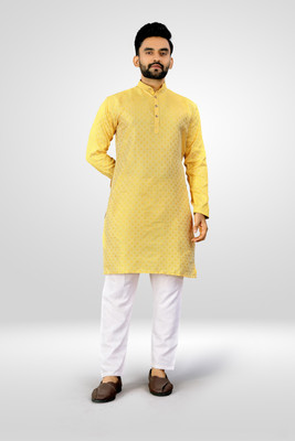 kivarna Men Self Design Straight Kurta(Yellow)