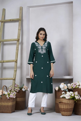 tckty Women Embroidered Straight Kurta(Green)