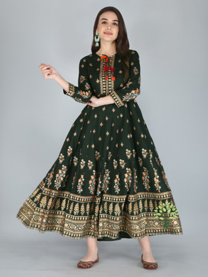 Dhan G Women Printed Anarkali Kurta(Dark Green)