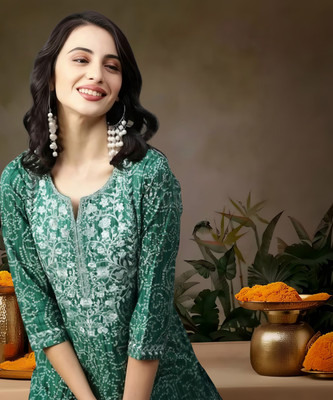 Nibhao Women Embroidered Straight Kurta(Green)