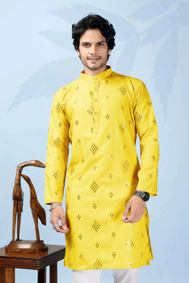 shreeram Men Embroidered Straight Kurta(Yellow)