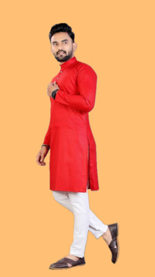 HouseOfCommon Men Solid A-line Kurta(Red)