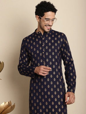 ANOUK Men Printed Straight Kurta(Blue)