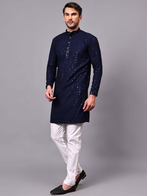 FireFish Men Embellished A-line Kurta(Blue)