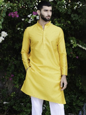 TISTABENE Men Floral Print Straight Kurta(Yellow)