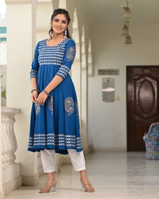 INDI INSIDE Women Block Print Anarkali Kurta(Blue)
