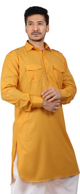 K Royals Men Self Design Pathani Kurta(Yellow)