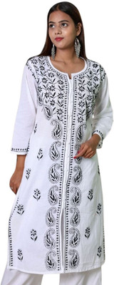 INDICRAFT Women Chikan Embroidery Frontslit Kurta(Black)