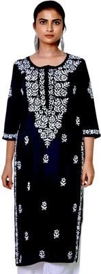 myplusfashion Women Chikan Embroidery Straight Kurta(Black)