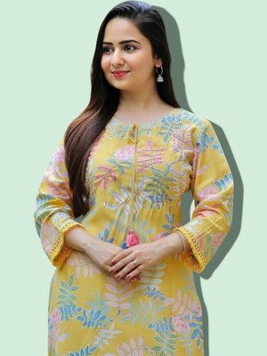 mk creation Women Printed Anarkali Kurta(Yellow)
