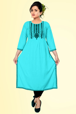 EAZY FASHION Women Embroidered Straight Kurta(Light Blue)