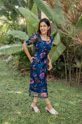 jacero Women Floral Print A-line Kurta(Blue)