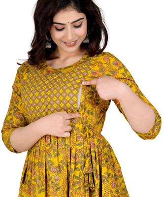 Murli Kurti Women Floral Print Anarkali Kurta(Yellow)