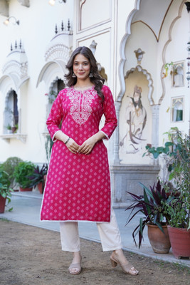 PHYSIL Women Embroidered Straight Kurta(Pink)