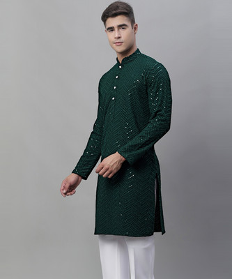 Jompers Men Embellished Straight Kurta(Dark Green)