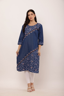 Shopbering Women Embroidered A-line Kurta(Blue)