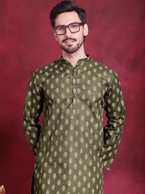 Jompers Men Printed Straight Kurta(Dark Green, White)