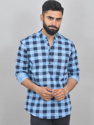 QuaClo Men Checkered Straight Kurta(Light Blue)