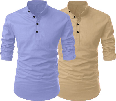 Fashion Marts Men Solid Straight Kurta(Beige, Blue)