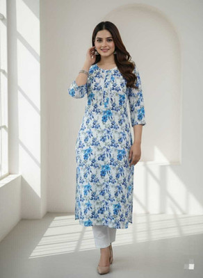 AURADREAMS Women Floral Print, Printed Straight Kurta(Blue)