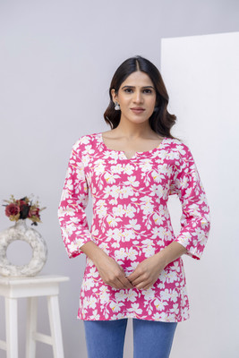 qulby Women Printed Tunic Kurta(White, Light Blue)
