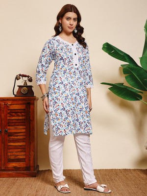 FaeebFashion Women Floral Print, Embellished Straight Kurta(Red)