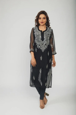 malabis Women Chikan Embroidery Ethnic Dress Kurta(Black)