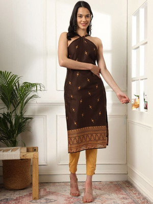 ANOUK Women Printed Straight Kurta(Brown)