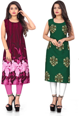 Hiral Creation Women Floral Print Straight Kurta(Pink, Green)