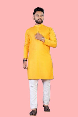 Madhav Mishri Men Solid Straight Kurta(Yellow)