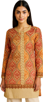 manra Women Embroidered A-line Kurta(Beige)
