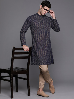 Indo Era Men Printed Straight Kurta(Dark Blue)