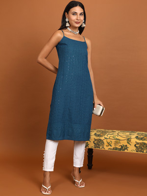 Vishudh Women Embroidered Straight Kurta(Blue)