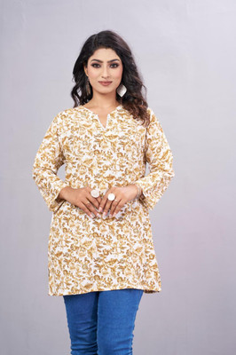 RUPPE Women Floral Print A-line Kurta(Beige, White)
