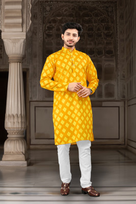 DHASU TRENDZ Men Printed Straight Kurta(Yellow)
