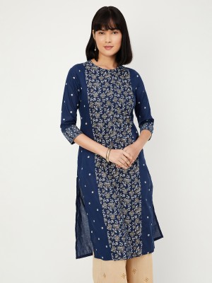 MAX Women Printed Straight Kurta(Blue)