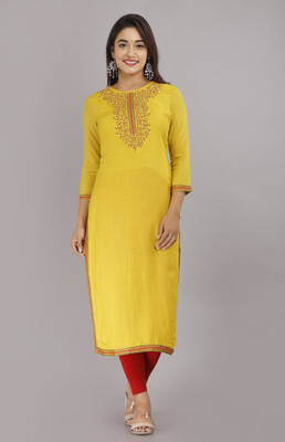 STYLE ANGEL Women Embroidered Straight Kurta(Yellow)