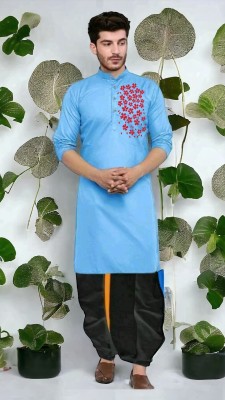 Mamta Biswas Men Embroidered Straight Kurta(Light Blue)