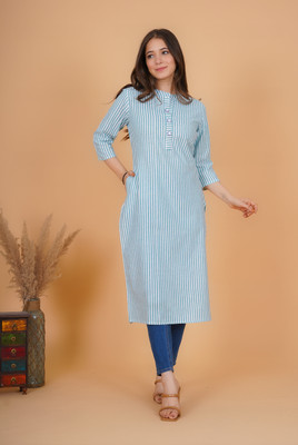 Rimeline Women Striped Straight Kurta(Light Blue)