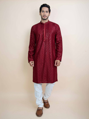 Radharaman Men Embellished A-line Kurta(Maroon)