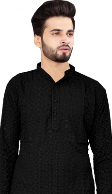 Triyom Fashion Men Self Design A-line Kurta(Black)