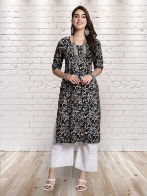 EthnicBasket Women Printed Straight Kurta(Black)